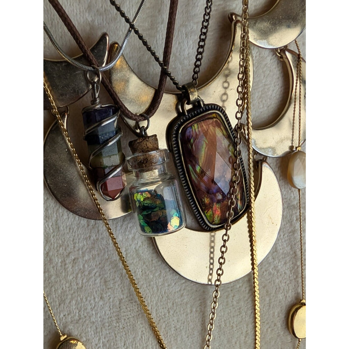 7 Celestial Boho Necklace Bundle Moon  Sun Face Pendant Druzy Glass Festival