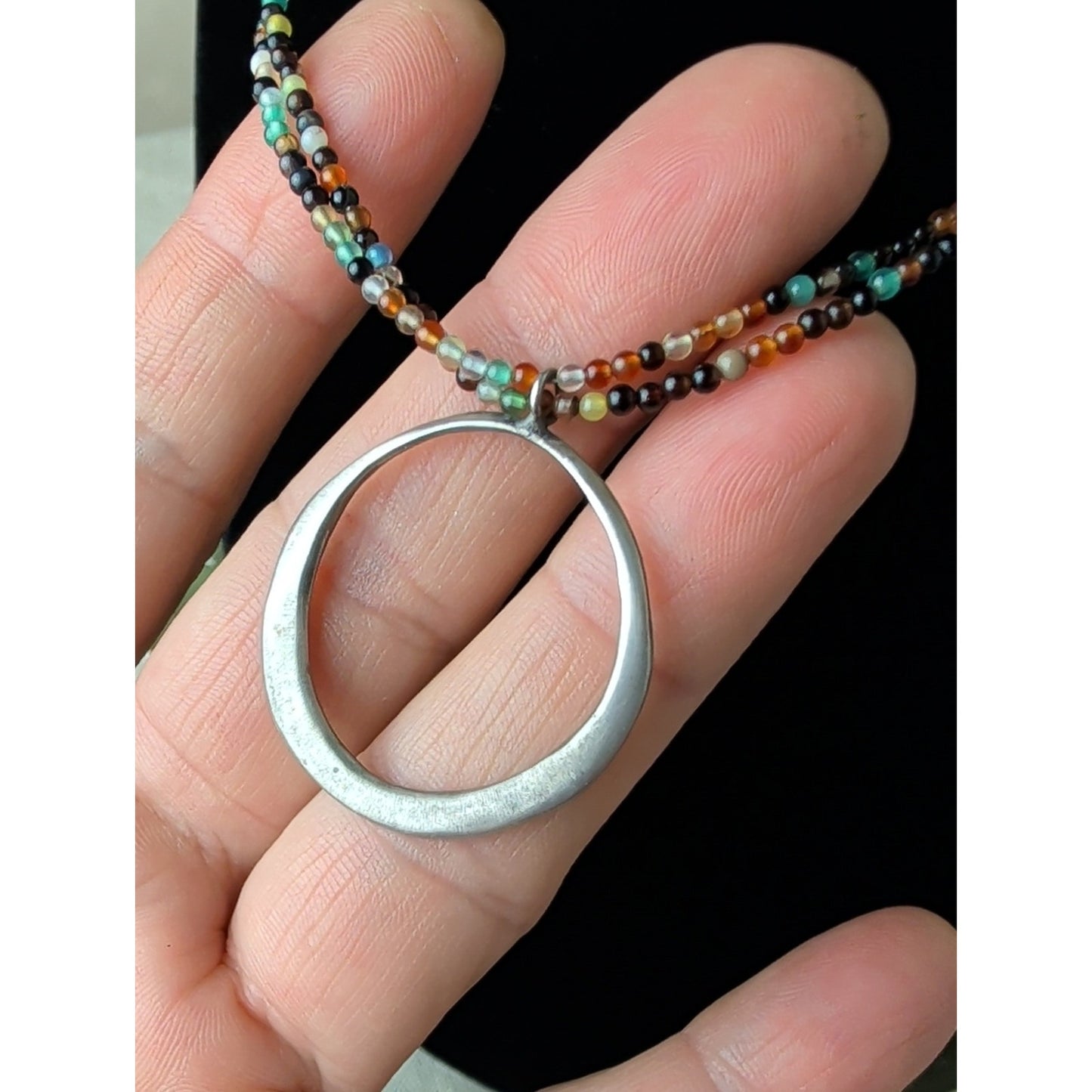925 Sterling Silver Circle Pendant Necklace Double Strand Multicolor Seed Bead