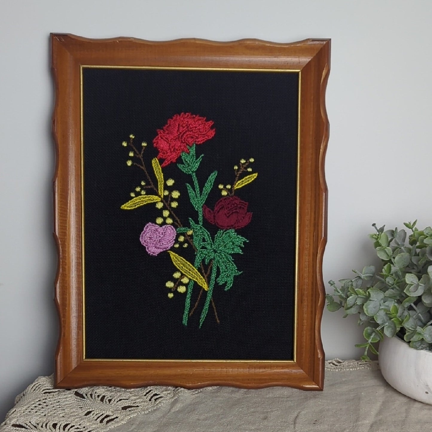 Vintage Floral Crewel Embroidery Framed Art, Romantic Cottage Wall  Art