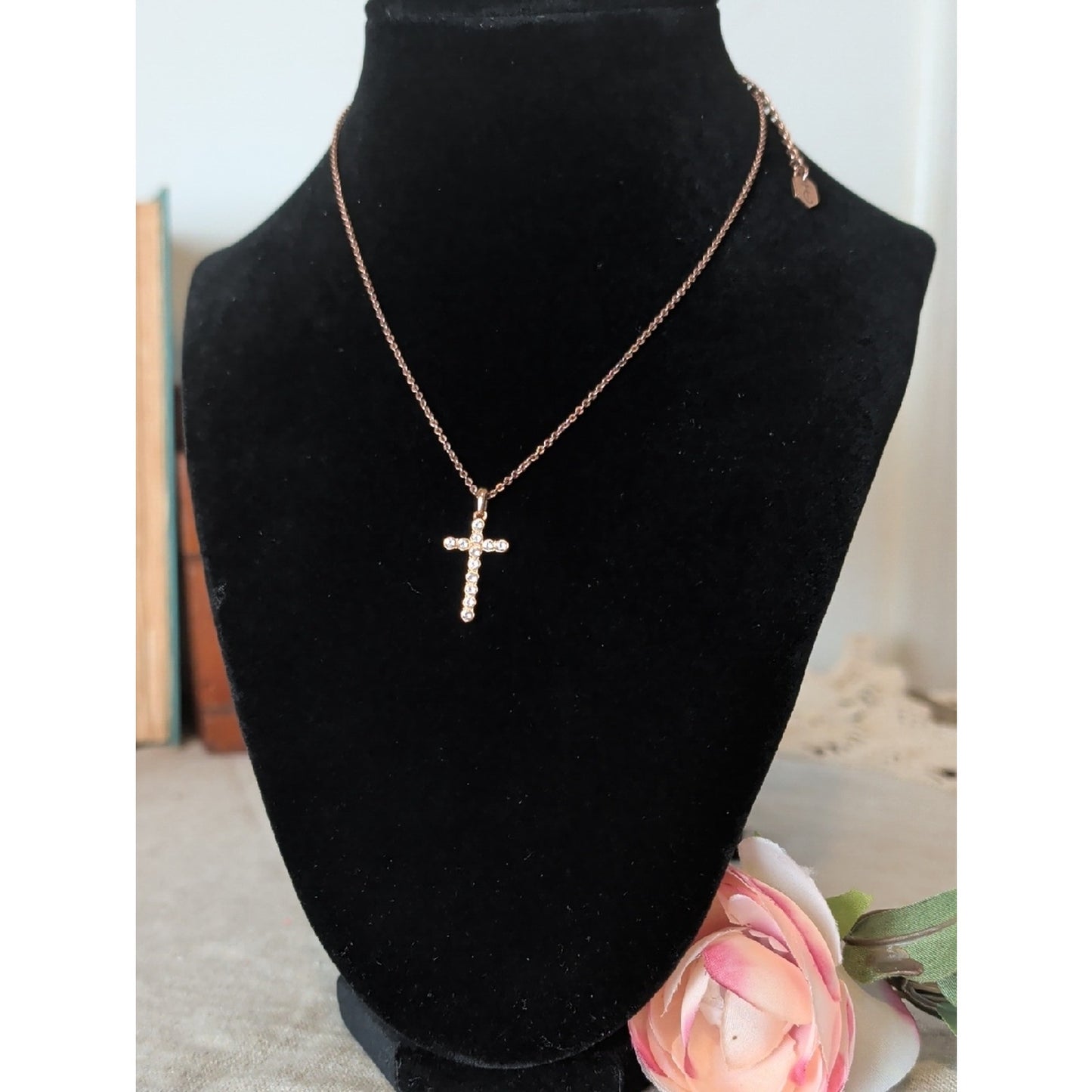 Rose Tone CZ Cross Necklace Dainty Minimalist Faith Jewelry Layering Necklace