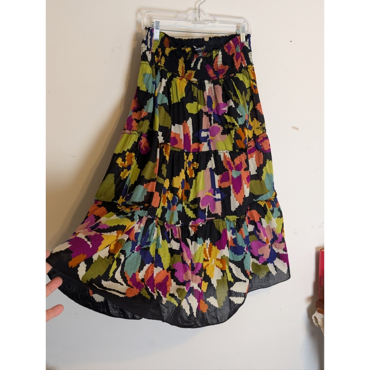 Vintage Boho Tiered Midi Skirt  Smocked Waist Abstract Floral Cotton Large