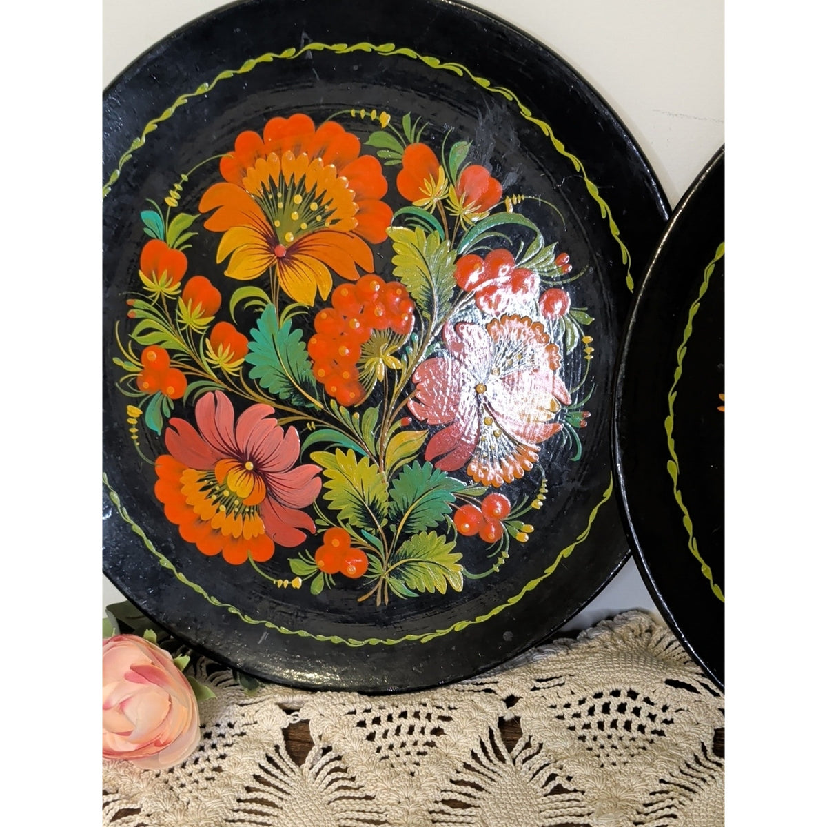 Vintage 1991 Ukrainian Petrykivka Folk Art Painted Wood Plates USSR Set of 2 11”