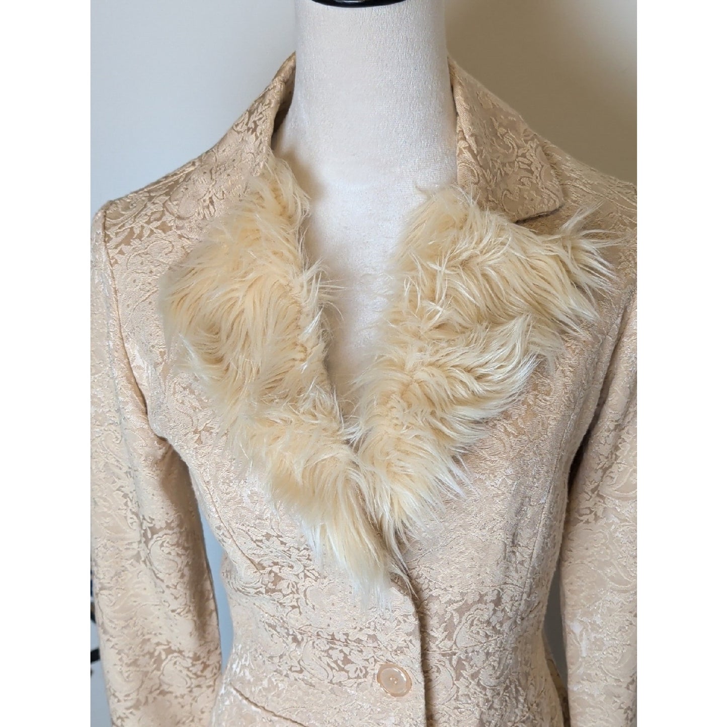 Y2K Cream Brocade Faux Fur Coat  Coquette McBling Holiday Glam Jacket