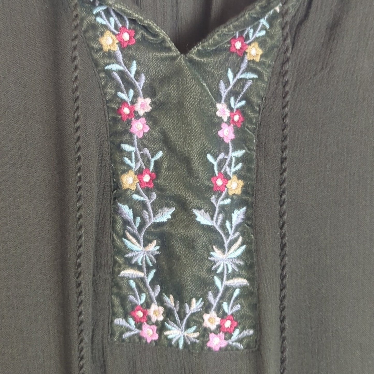 Boho Embroidered Velour Detail Pullover Top Women's Size Large