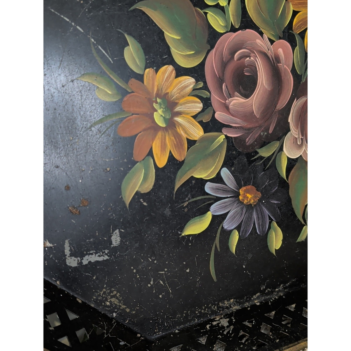 Vintage Tashco Hand Painted Toleware Tray 20” Floral Black Metal Pierced Edge