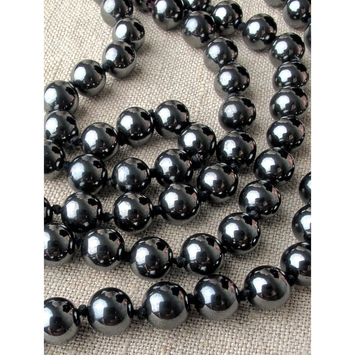 Vintage Natural Hematite Beaded Necklace Individually Hand-Knotted Gunmetal