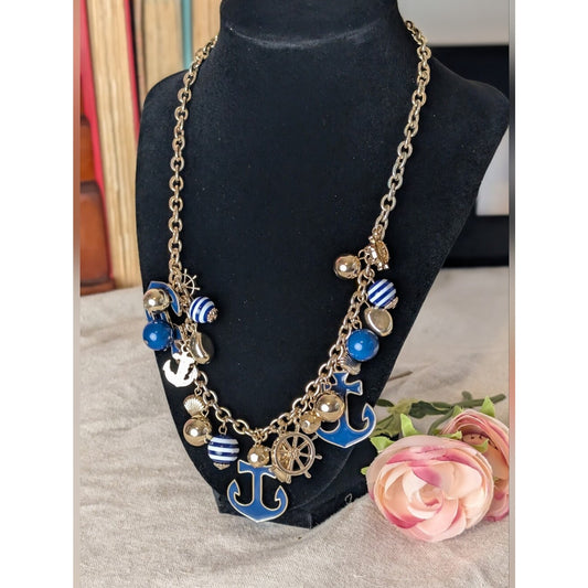 Vintage Y2K Nautical Charm Necklace Gold Tone Anchors Ship Wheel Coastal