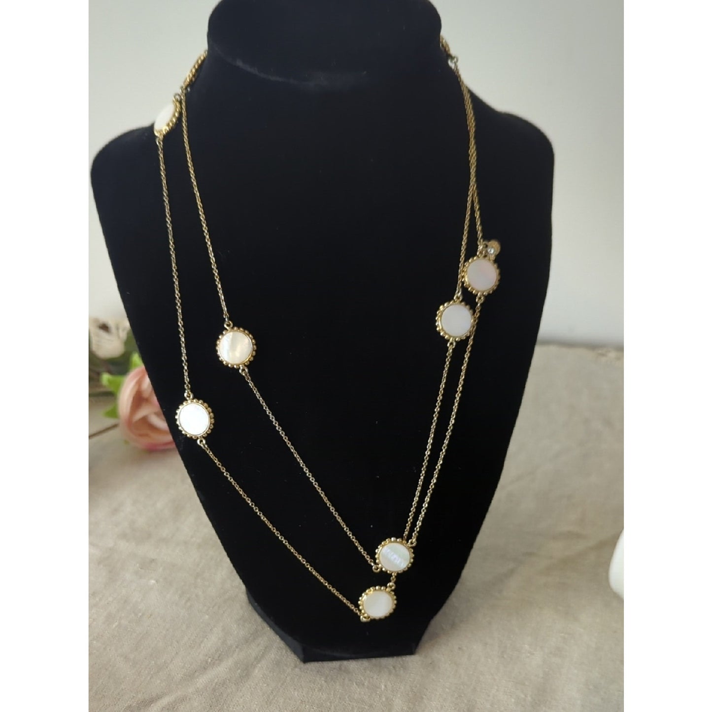 Mother of Pearl Long Layered Gold Necklace, Iridescent Shell Station Coastal
