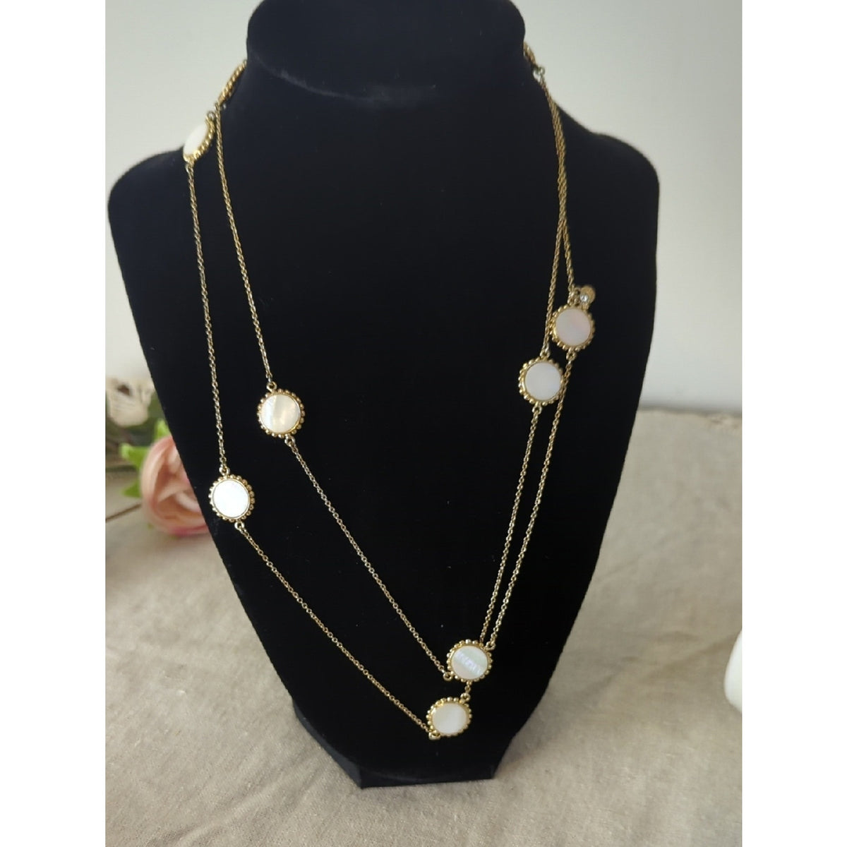 Mother of Pearl Long Layered Gold Necklace, Iridescent Shell Station Coastal