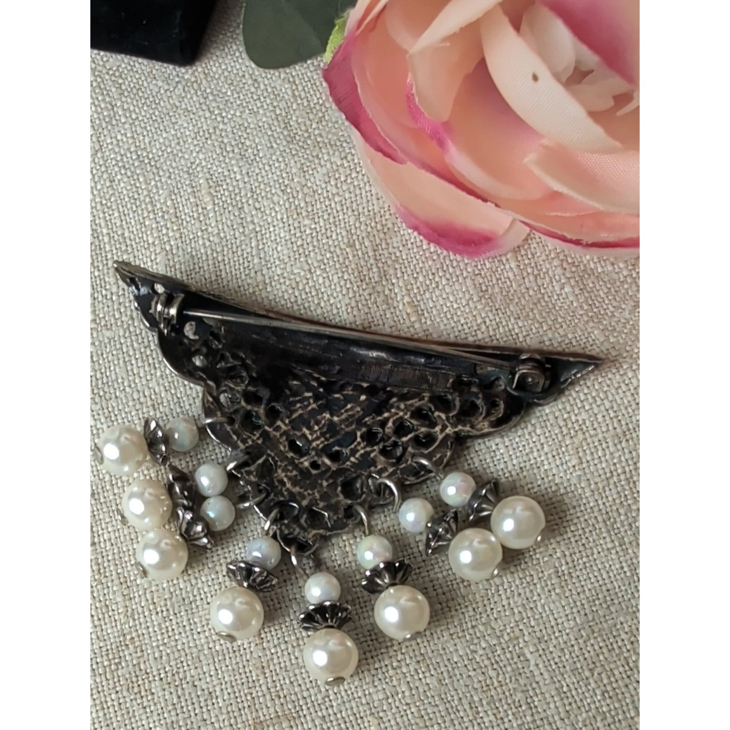 Vintage 90's Filigree Faux Pearl Dangle Brooch Antiqued Tone Victorian Revival