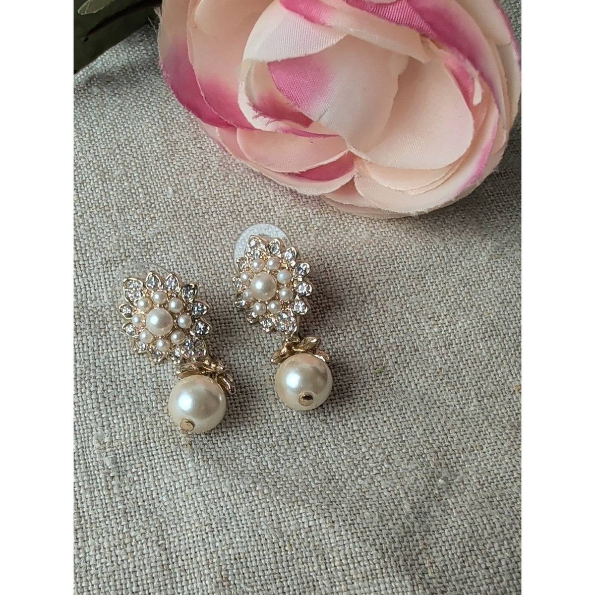 Marchesa Gold Tone Crystal and Pearl Floral Drop Earrings Glam Bridal