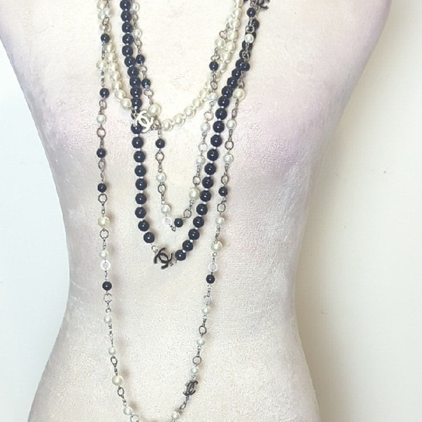 Black & Ivory Pearl Statement Necklace Layered Long Beaded Statement Strand
