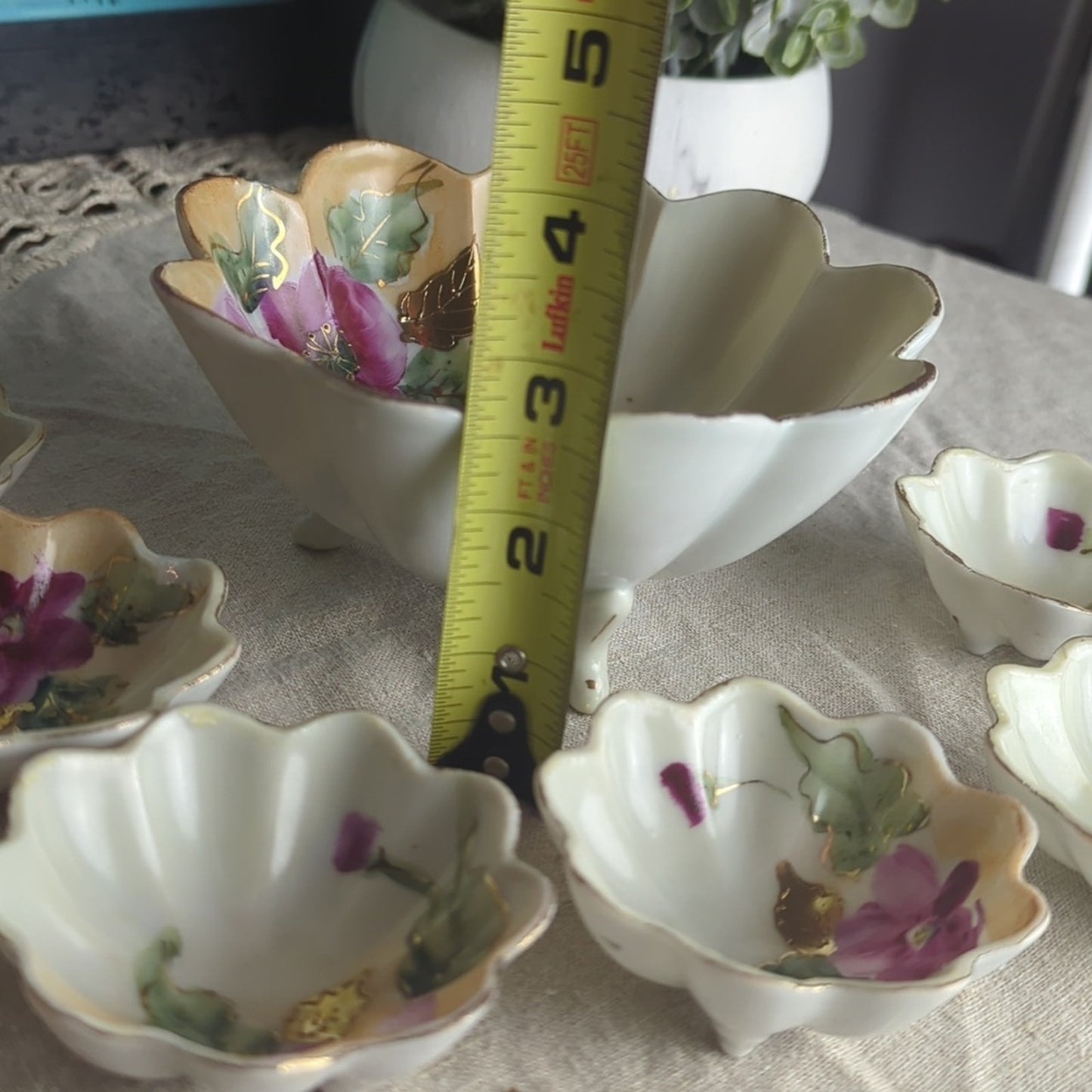 Vintage Made in Japan Porcelain Relish Server Set 3-Footed Bowl & 6 Floral bowls