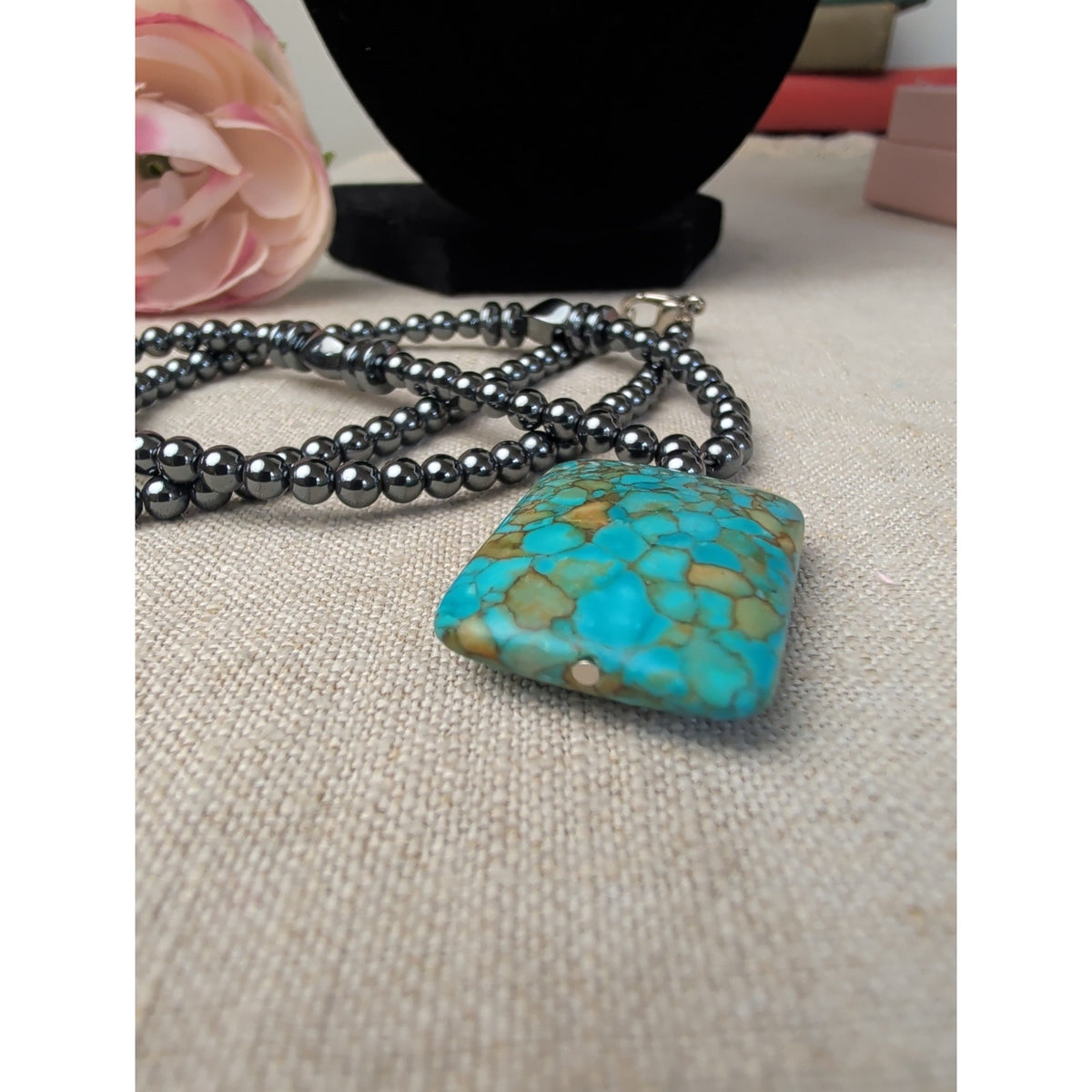 Natural Hematite With Dyed Howlite Crackled Turquoise Pendant  Necklace
