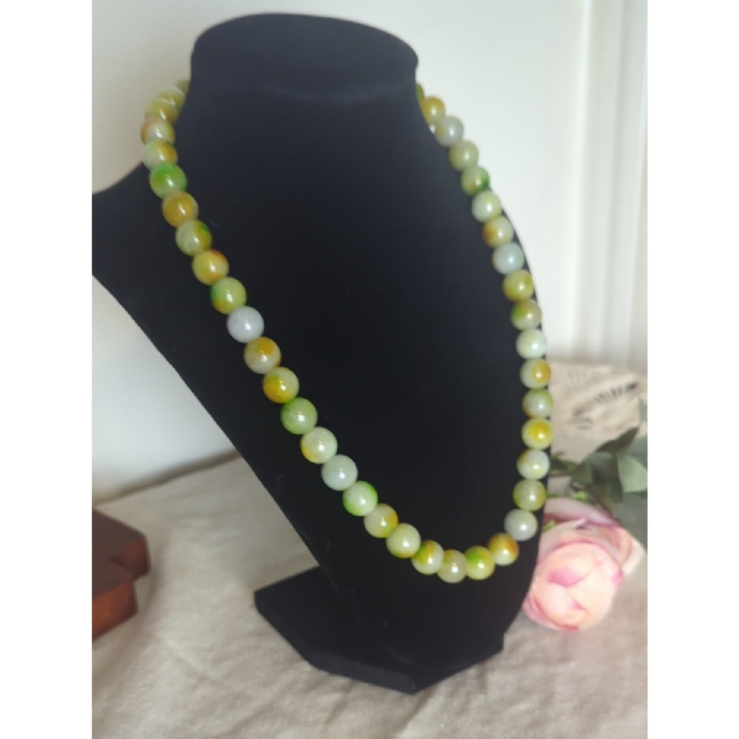 Jade Toned Stone Bead Necklace Earthy Luxe Green & Honey Gemstone Strand