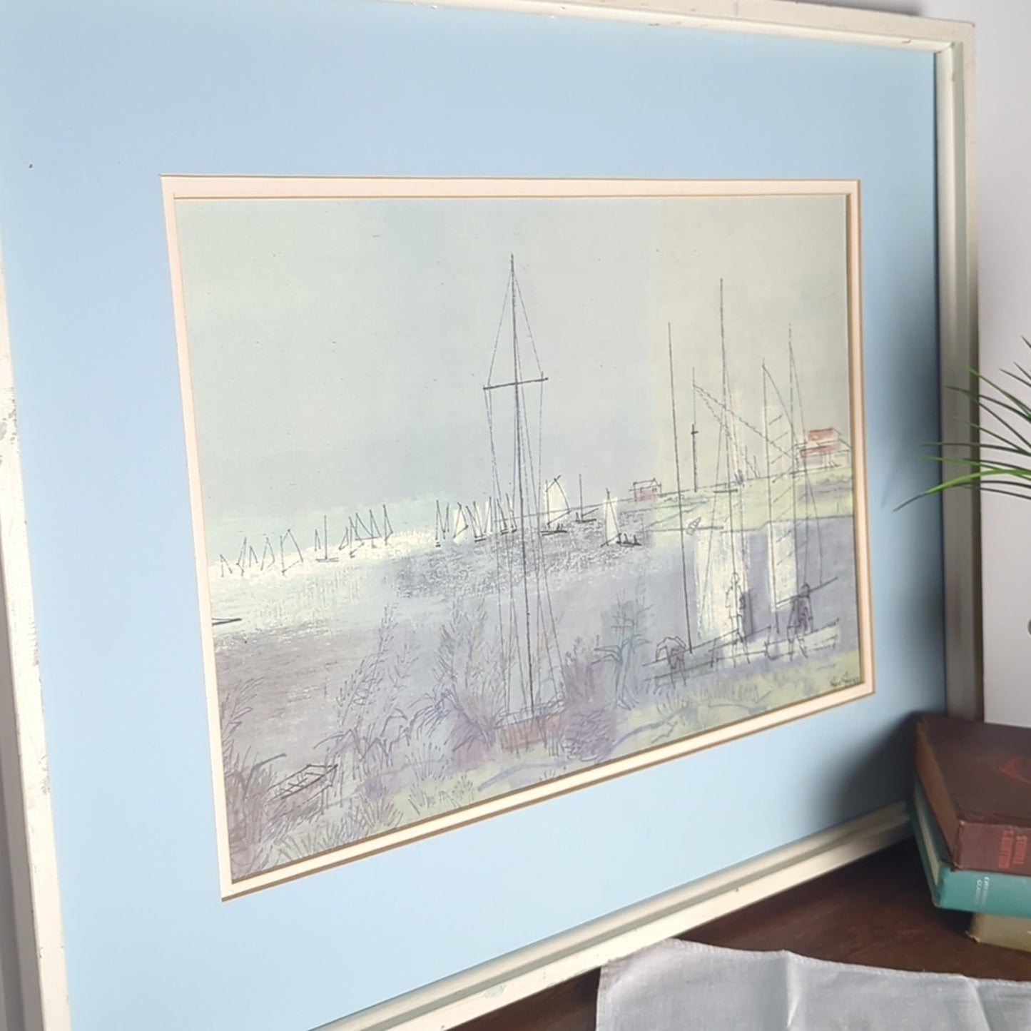 Vintage 70's Joe Jones “Setting Sail” Coastal Harbor Art Printed In Holland