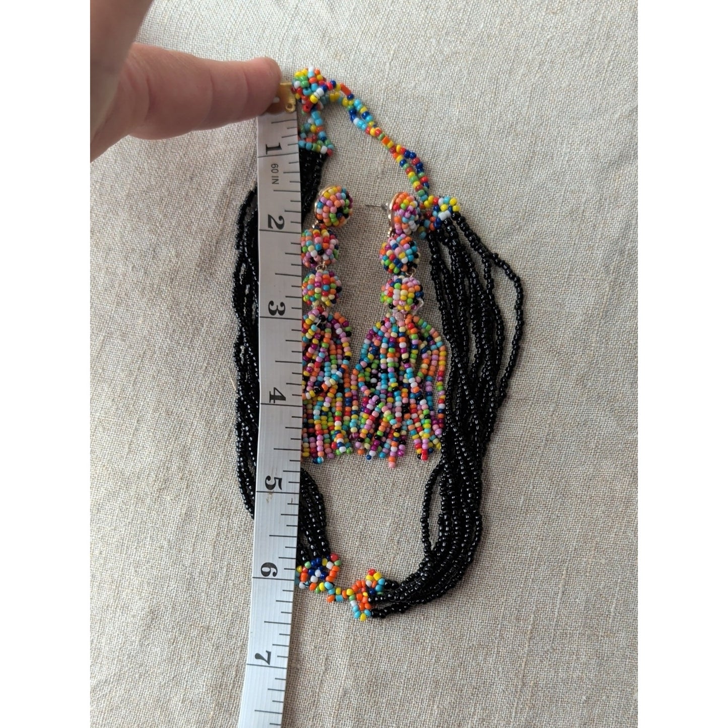 Colorful Seed Bead Statement Earrings Rainbow Tassel Boho Festival Artisan Style