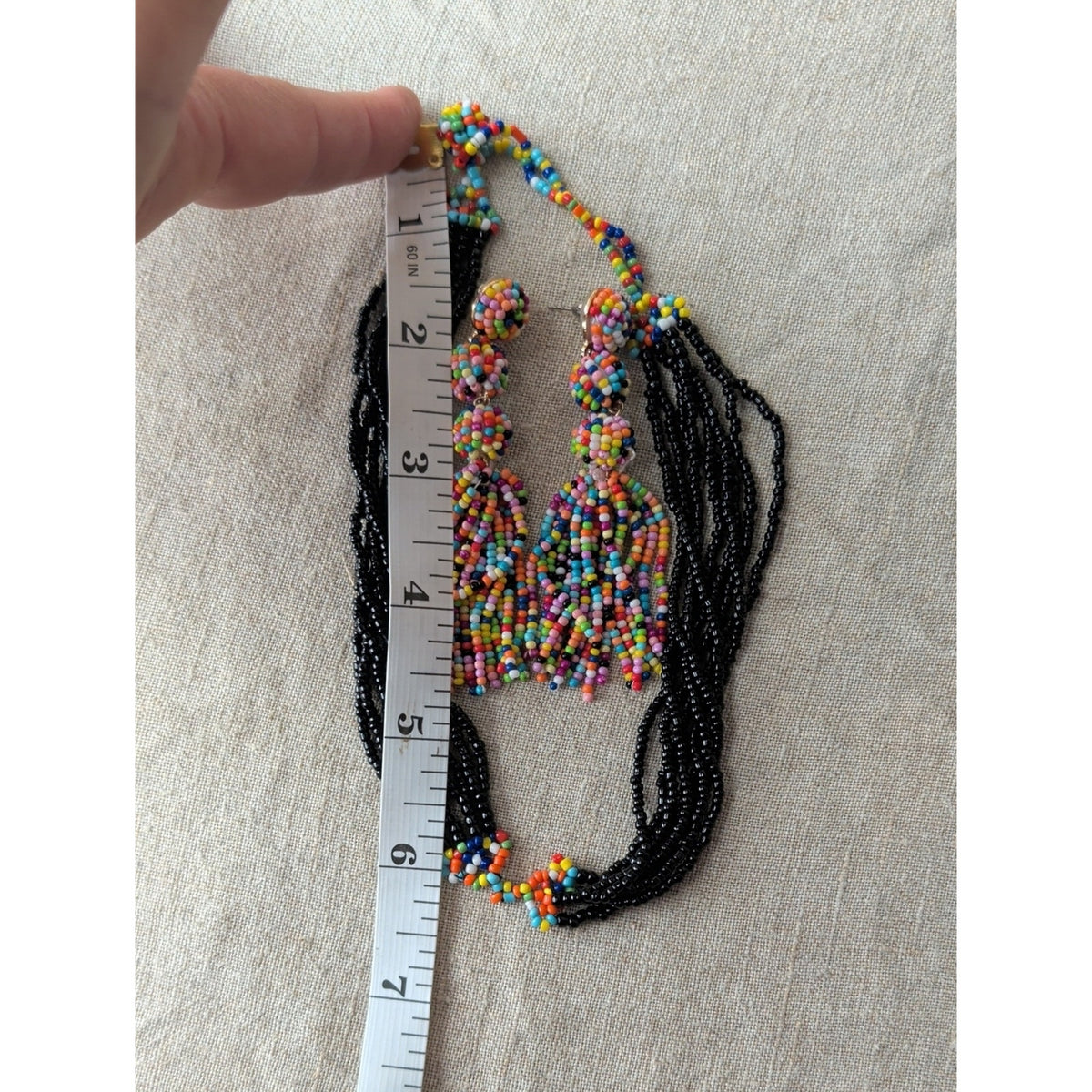Colorful Seed Bead Statement Earrings Rainbow Tassel Boho Festival Artisan Style
