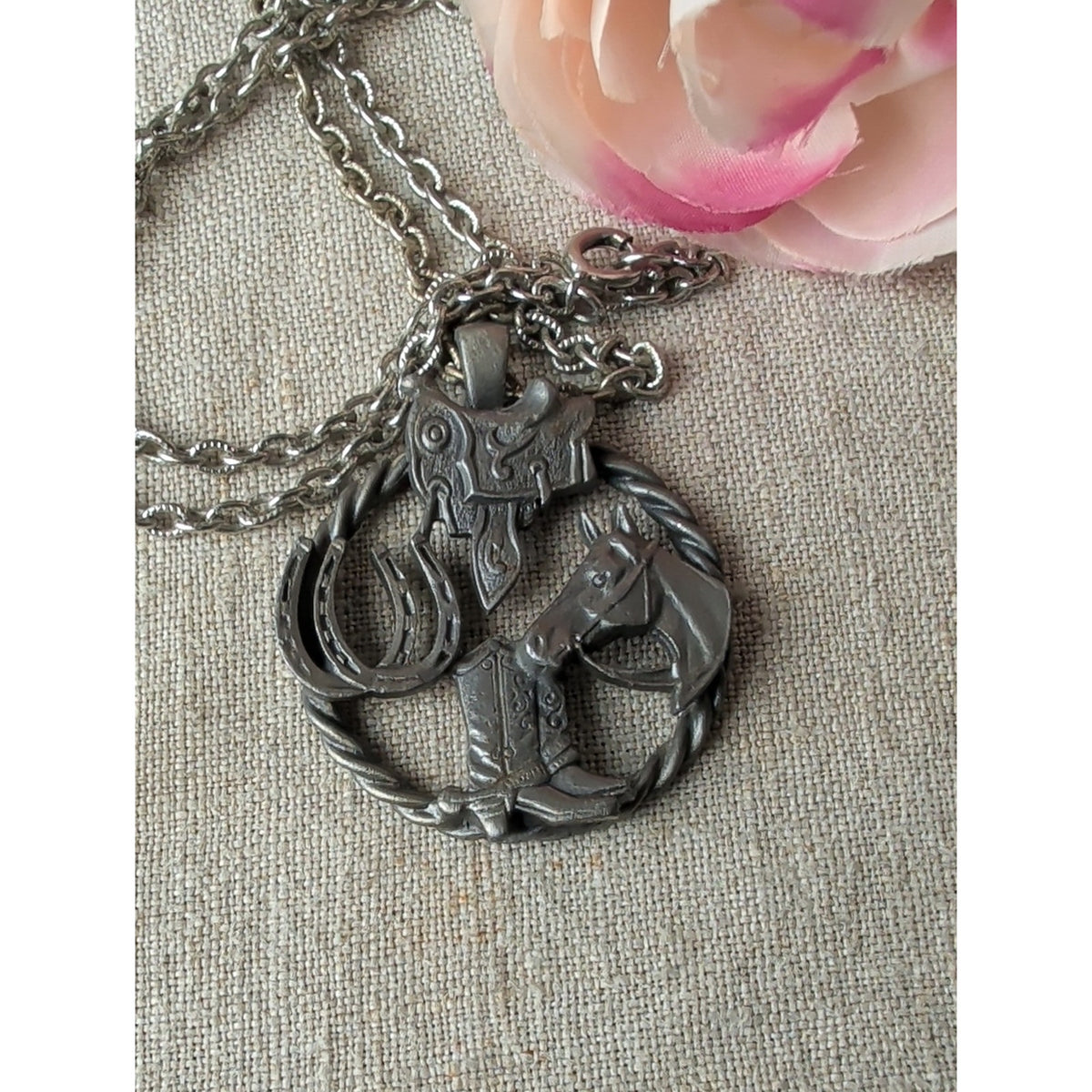 Western Horse Necklace Cowboy Boots Saddle Horseshoe Pewter Tone Pendant
