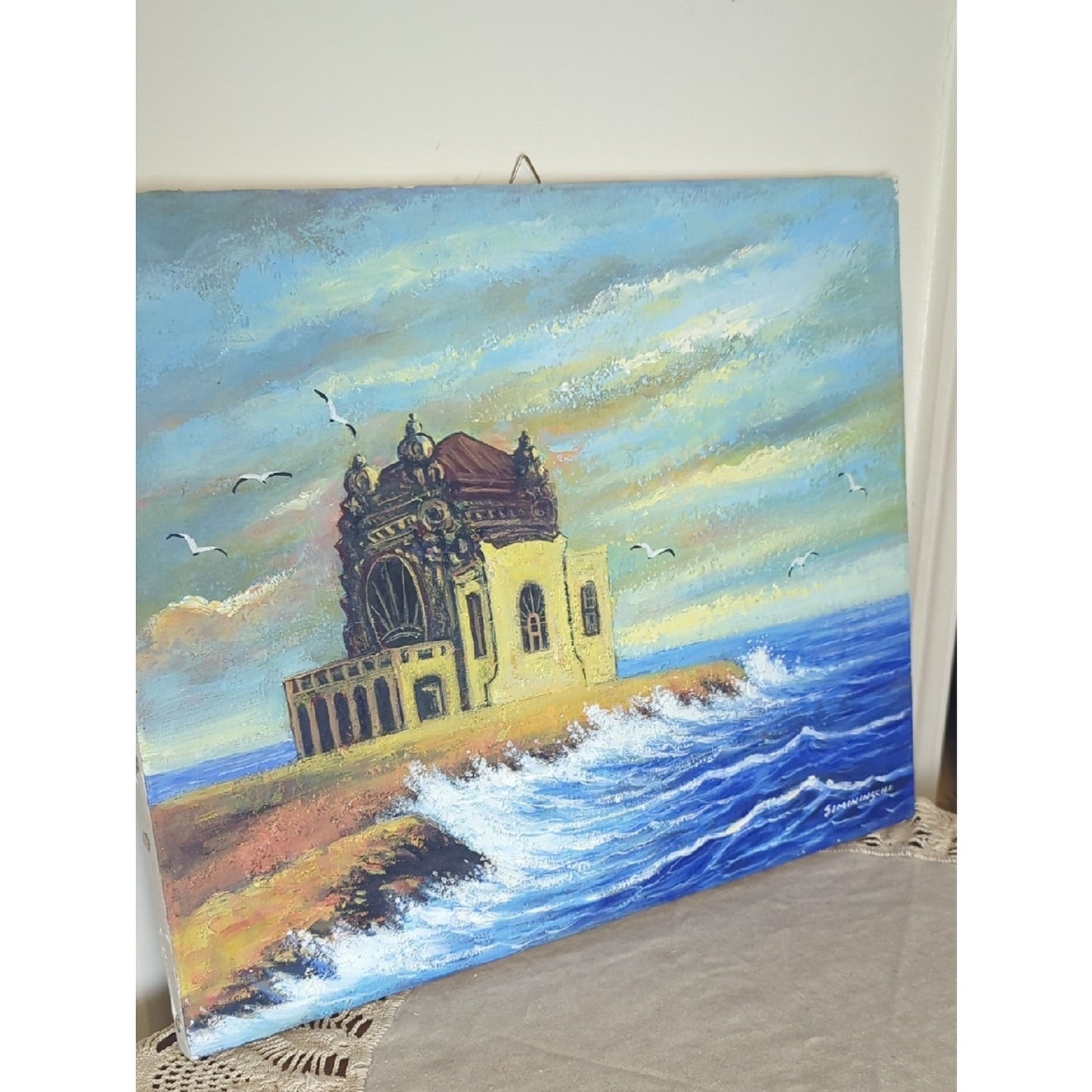 Signed Coastal Seascape Texture Painting Mediterranean Architecture Ocean Waves