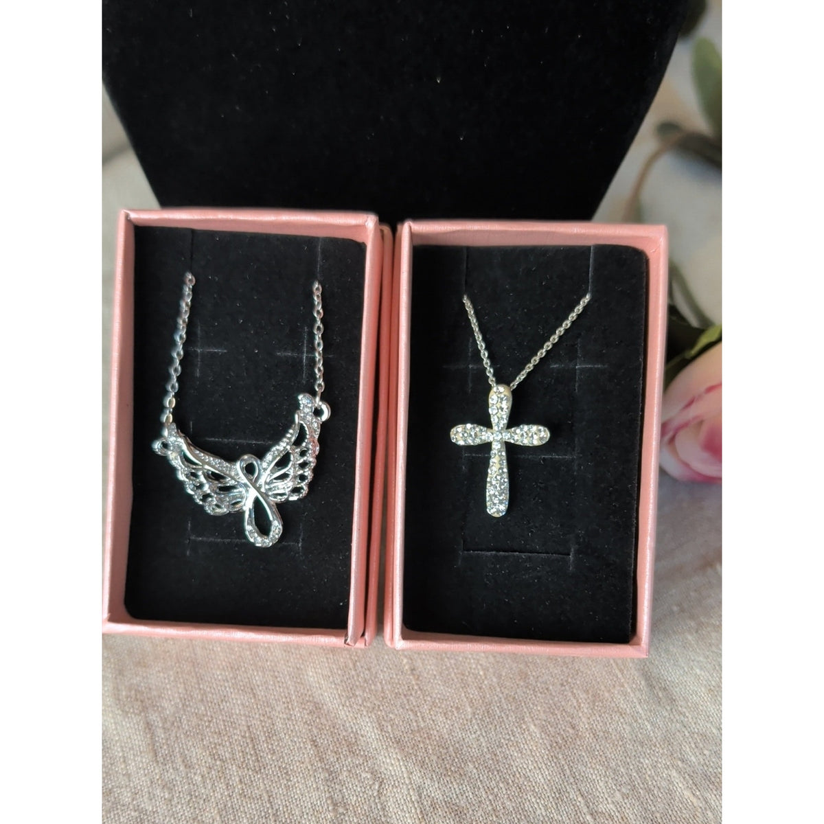 Vintage Silver Tone Angel Wings Crystal Cross Necklace Set Layered Y2K Celestial