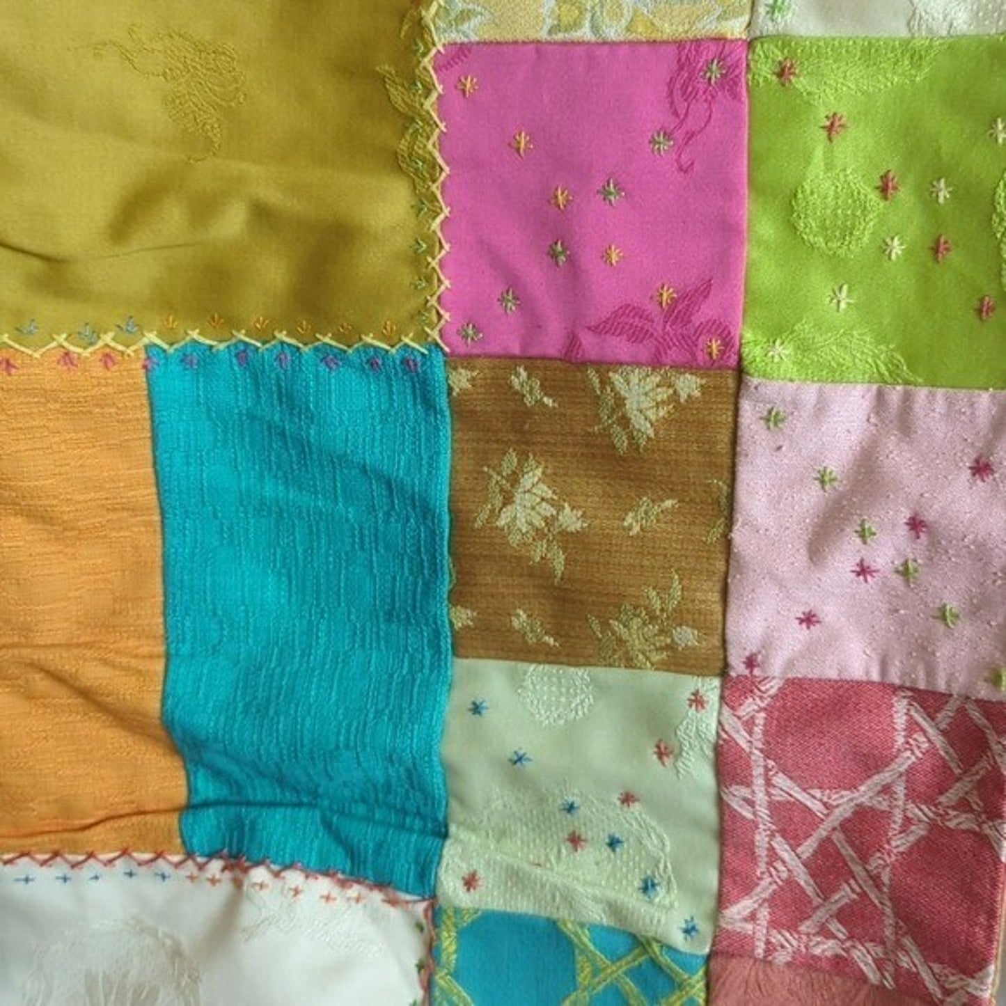 Crazy Quilt Large Rare Vintage Patchwork Quilt Embroidered Gold Satin Back 58x88