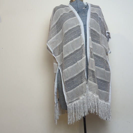 Boho Poncho Beach Cover up Knit & Netting Stripes Western Fringe One Size