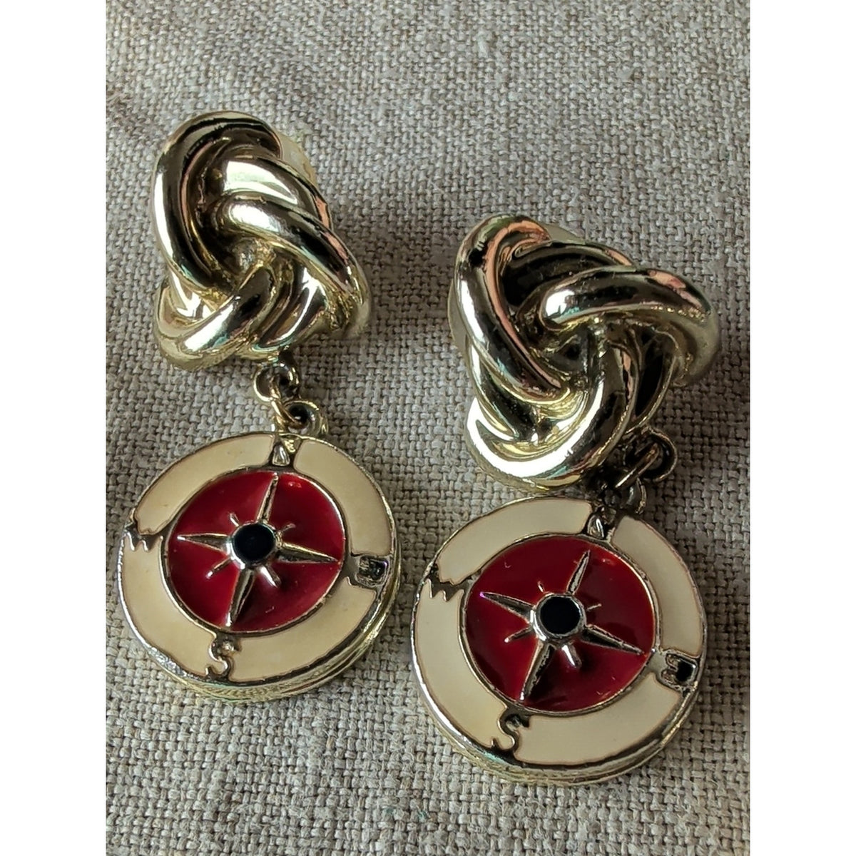 Vintage Gold Tone Nautical Compass Earrings Enamel Love Knot Dangle & Hoop Set