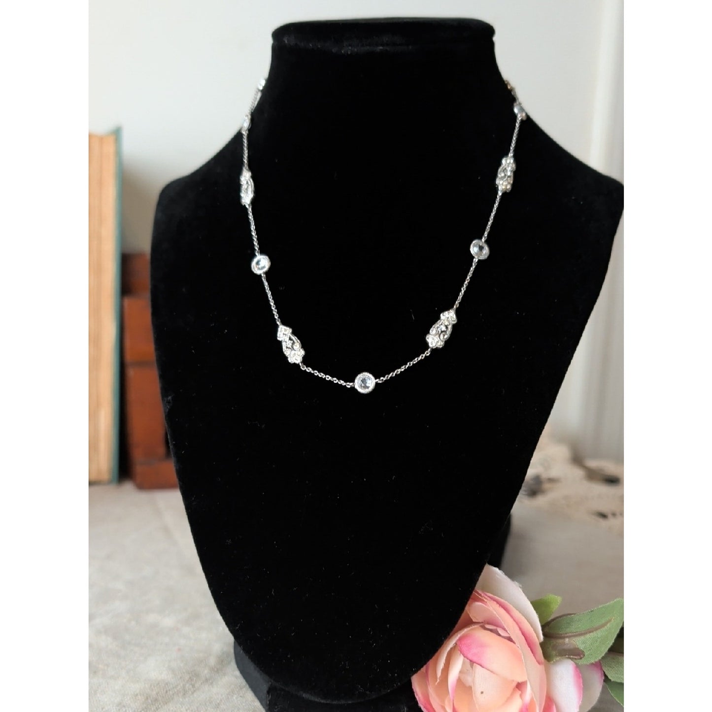 Nardi Venetian Revival Station Necklace CZ Filigree Silver Tone Art Deco Bridal