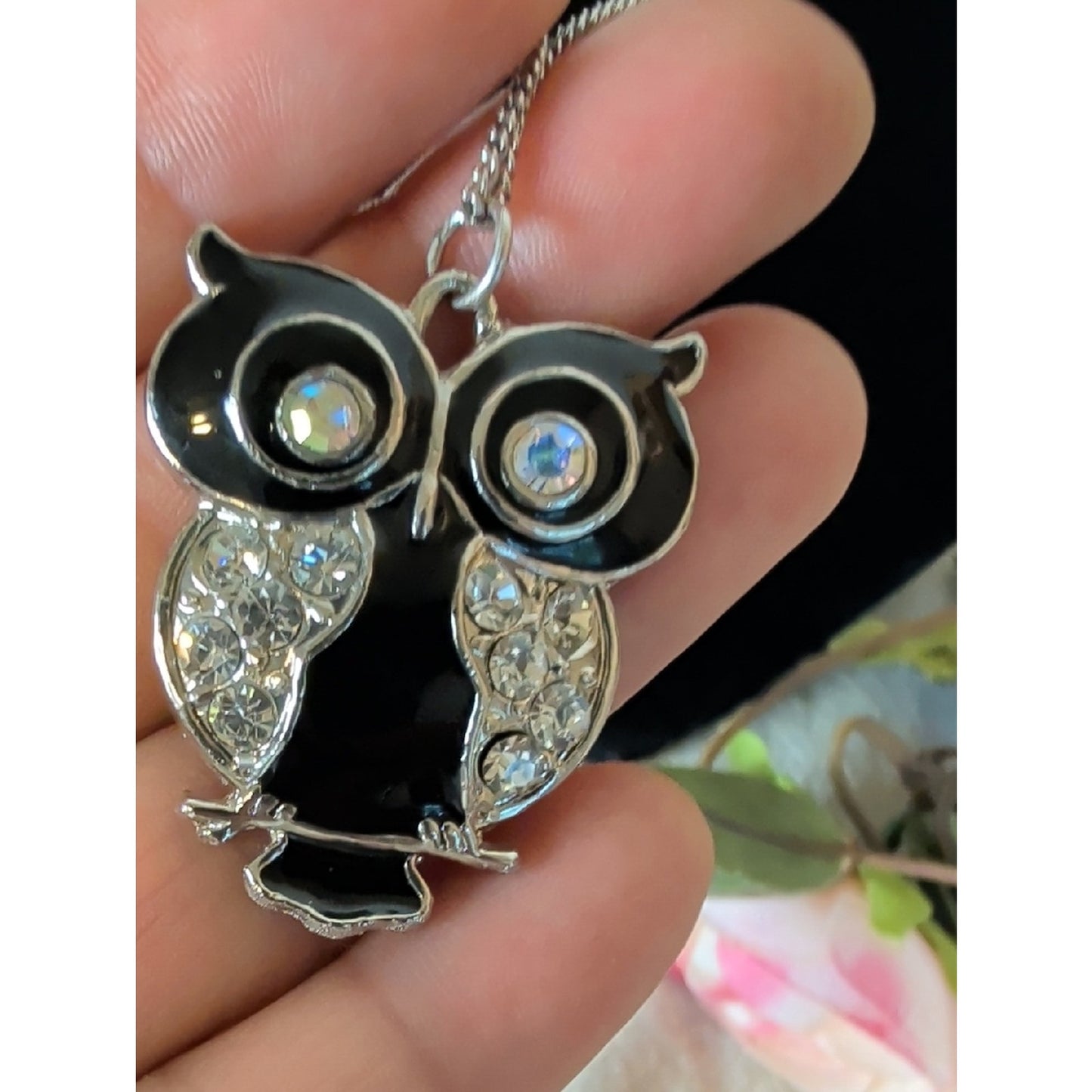 Vintage Black Enamel Owl Pendant Necklace Large 2" Rhinestone Glass Crystal