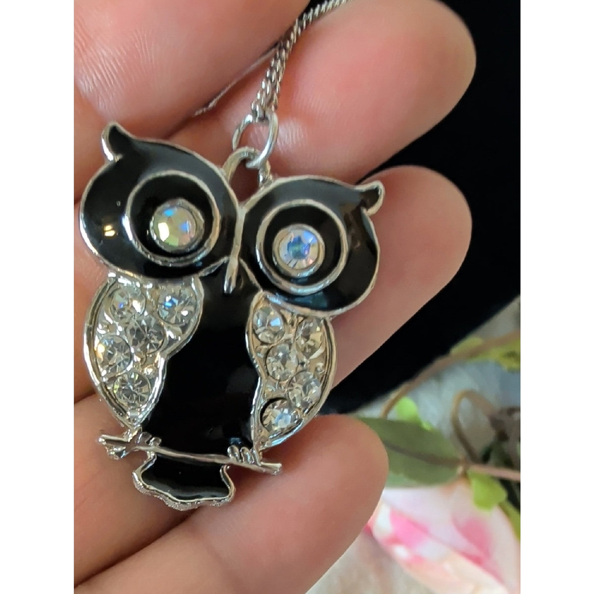 Vintage Black Enamel Owl Pendant Necklace Large 2" Rhinestone Glass Crystal