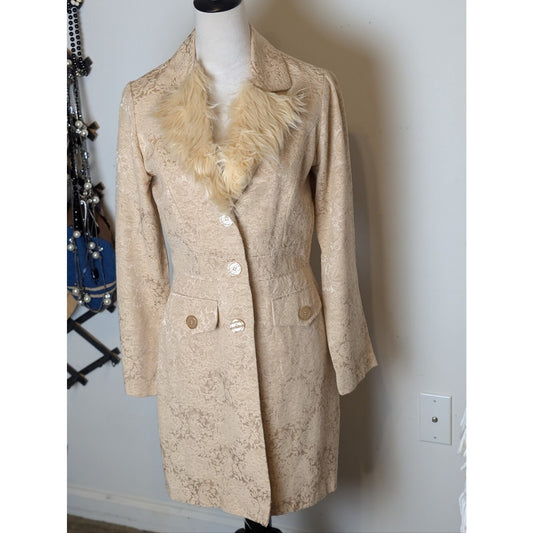 Y2K Cream Brocade Faux Fur Coat  Coquette McBling Holiday Glam Jacket
