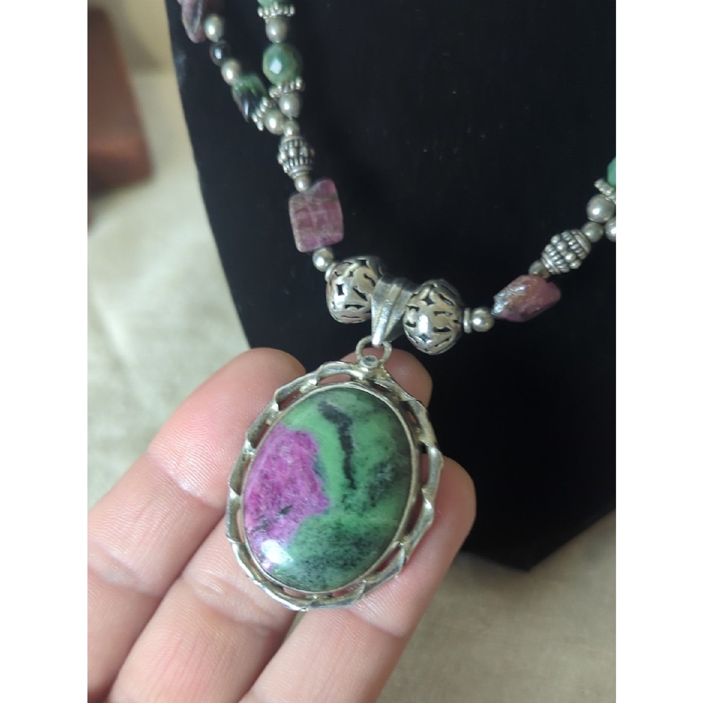 Sterling Silver Ruby Zoisite Statement Necklace, Artisan Gemstone Pendant
