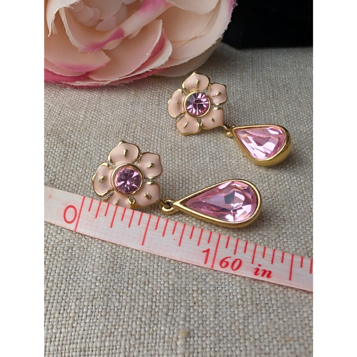 Vintage Trifari 1980s Pink Enamel and Rhinestone Floral Drop Pierced Earrings