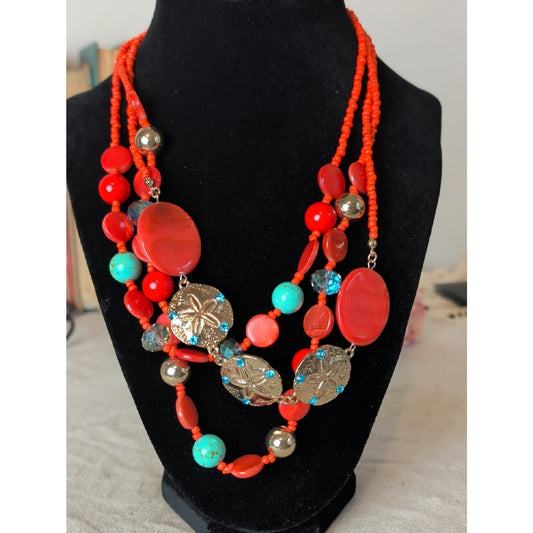 Vintage Coastal Boho Mermaidcore Necklace Coral Orange Beaded Sand Dollar