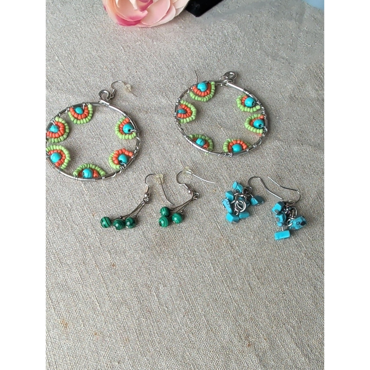 Boho Southwestern Earring Lot of 3 Pairs Artisan Style Beaded Hoops & Dangles