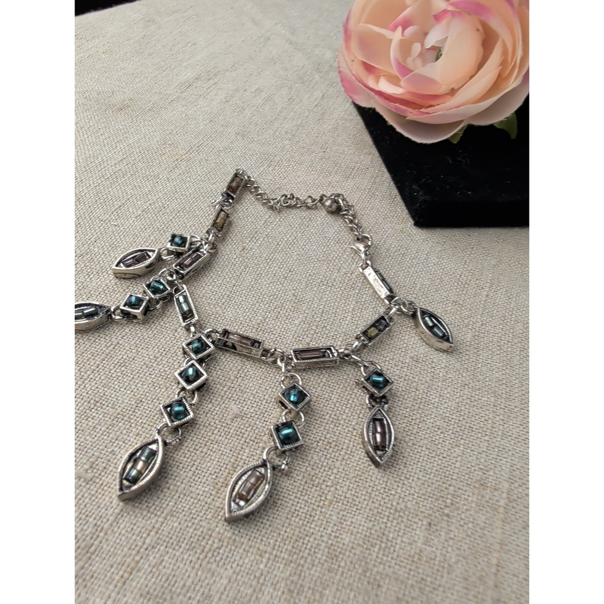 Art Deco Revival Dangle Drop Bracelet Marquise & Square Rhinestones Cascading