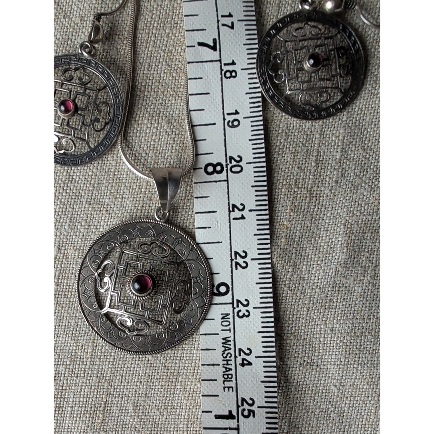 Sterling Silver 925 Tibetan Mandala Pendant Necklace & Earrings Set Red Cabochon