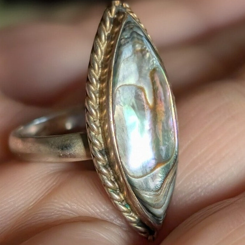Vintage Mexico Abalone Shell Ring  Alpaca Silver Marquise Artisan Ring