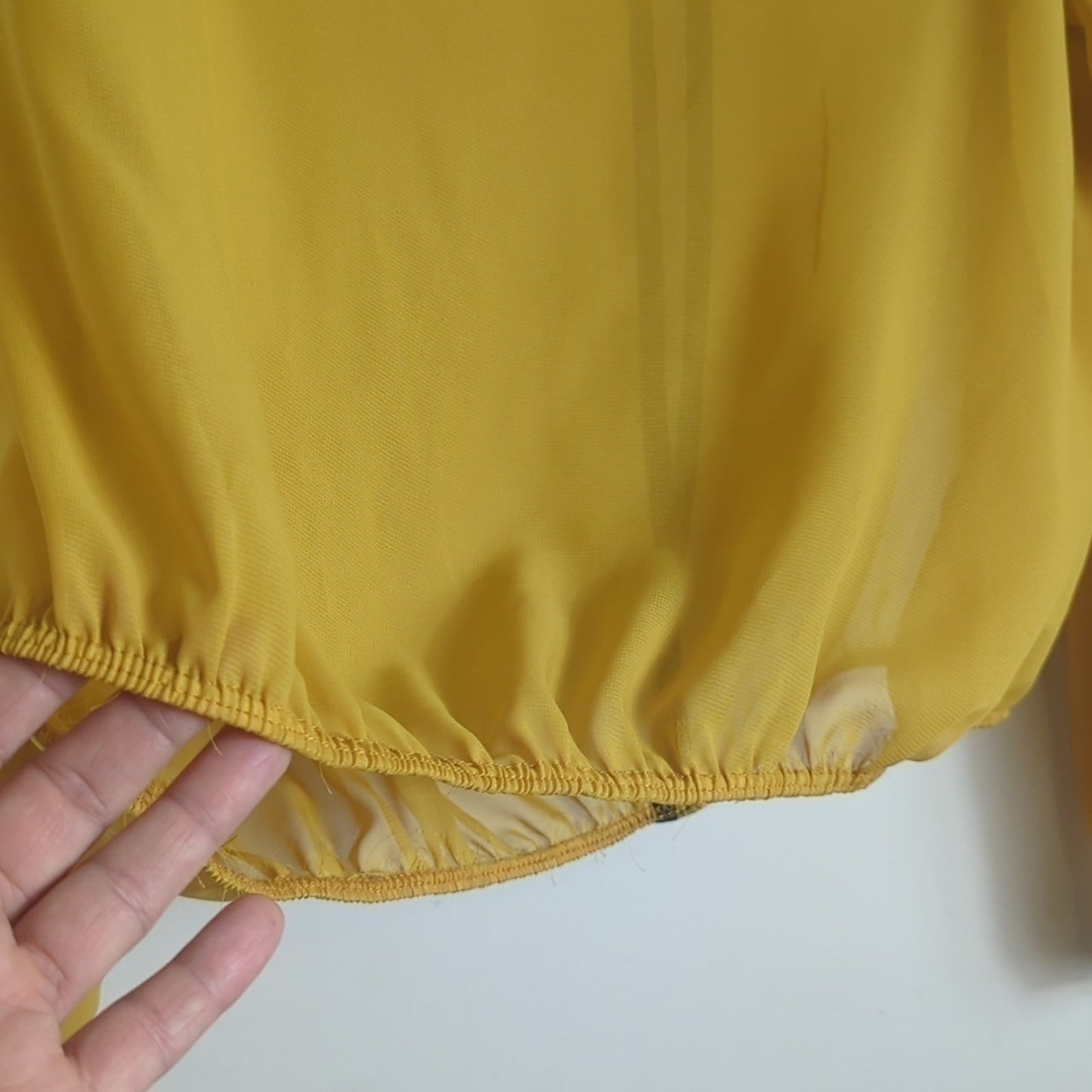 Mustard Yellow Pop-Over Sheer Blouse Peekaboo Back Mustard Yellow