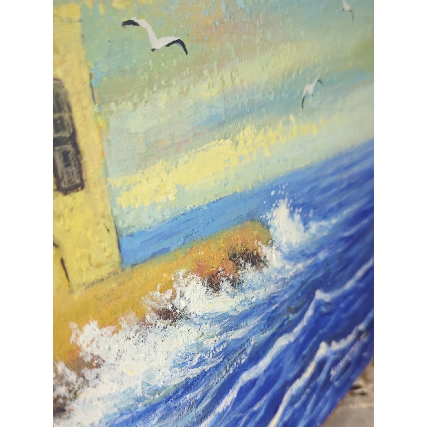 Signed Coastal Seascape Texture Painting Mediterranean Architecture Ocean Waves