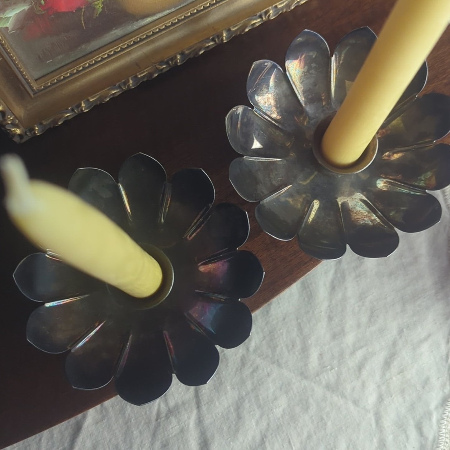 Vintage Silver Plated Candlestick Holders Floral Petal Lotus Hollywood Regency