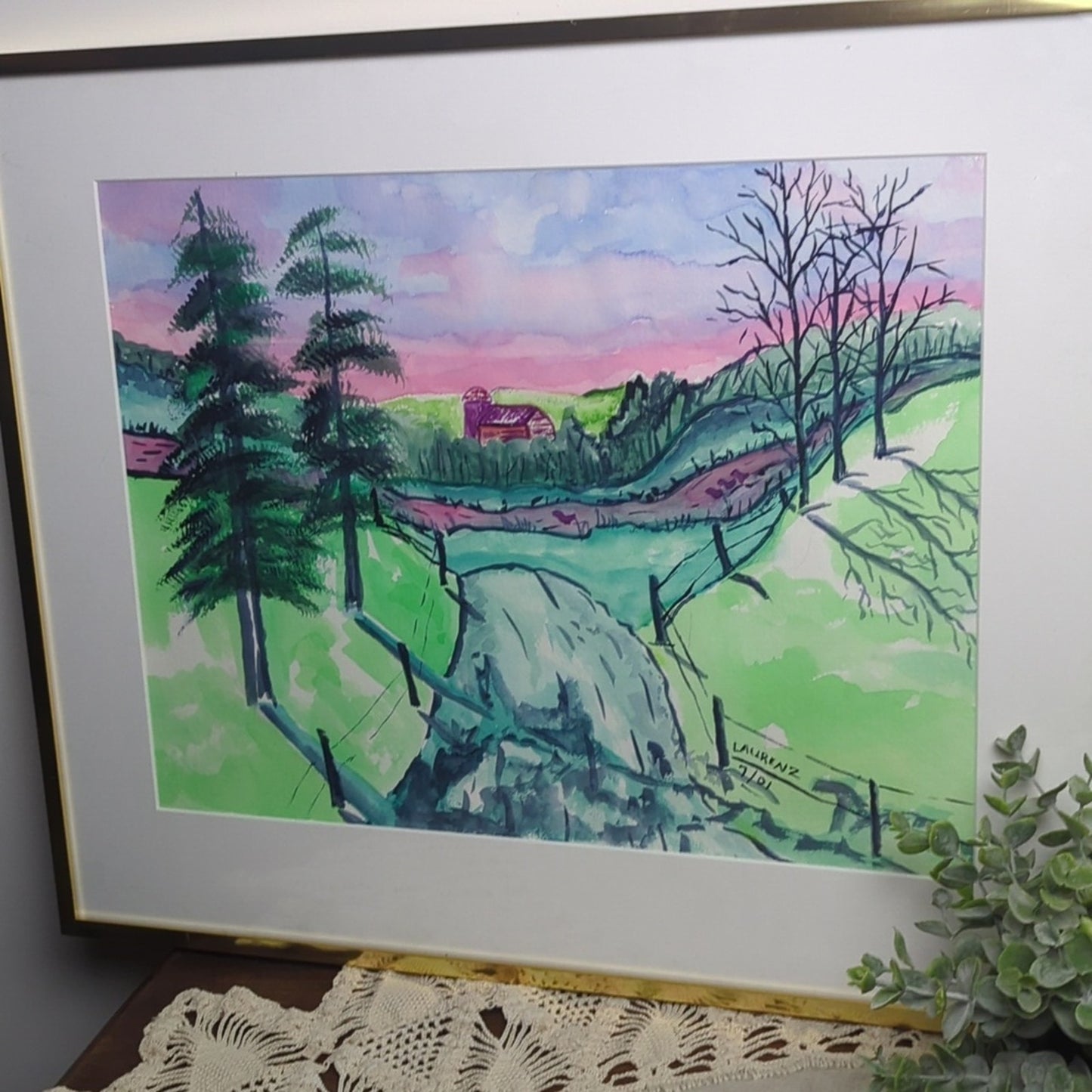 Original Watercolor Landscape Painting Framed Countryside Art Signed Laarenz