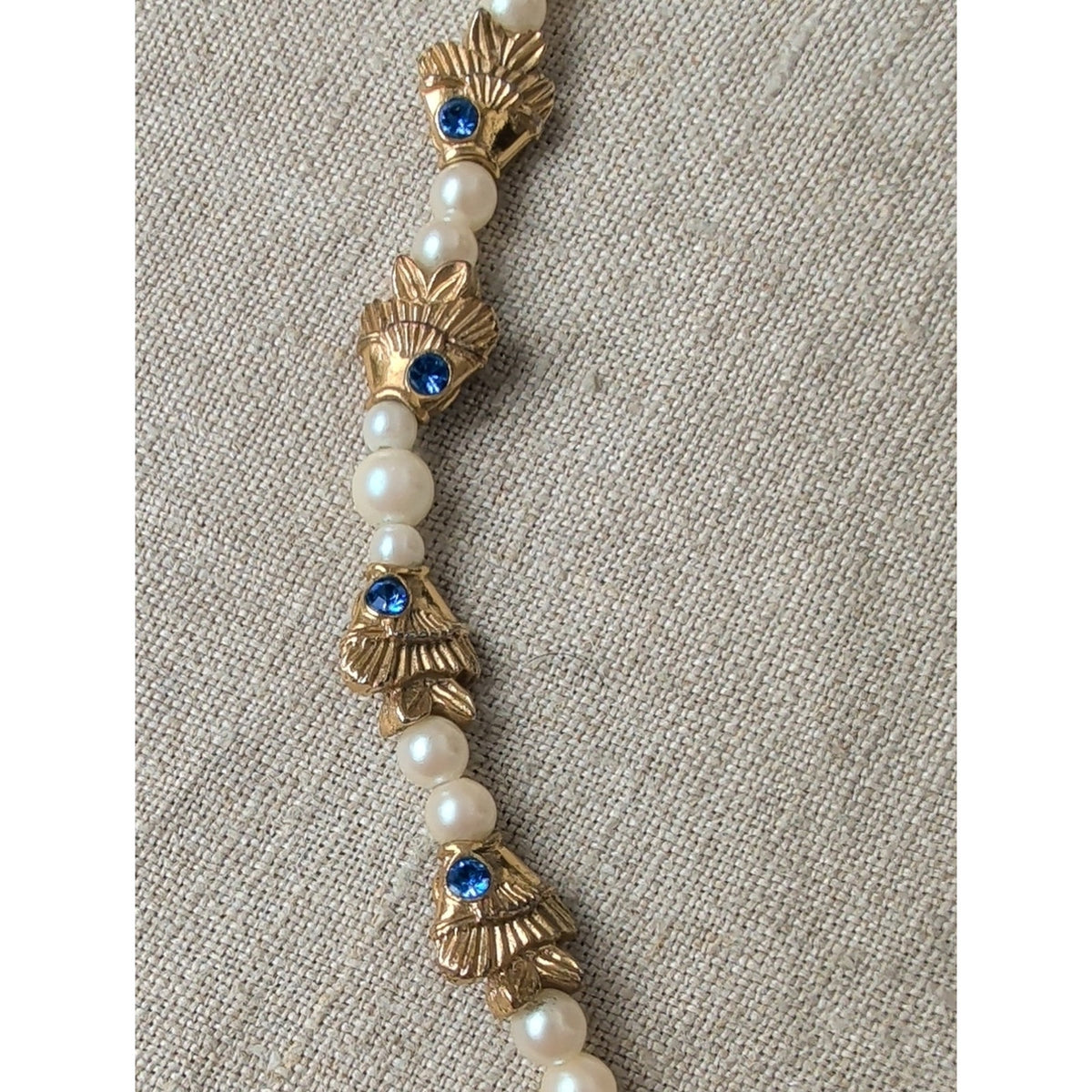 Vintage Figural Fish Faux Pearl Bracelet Sapphire Blue Rhinestone Gold Tone