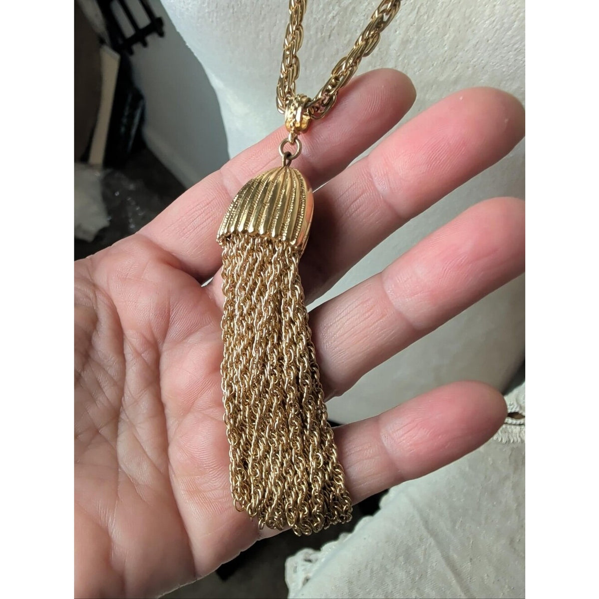 Vintage Monet Gold Tone Tassel Necklace Long Sautoir Statement Chain