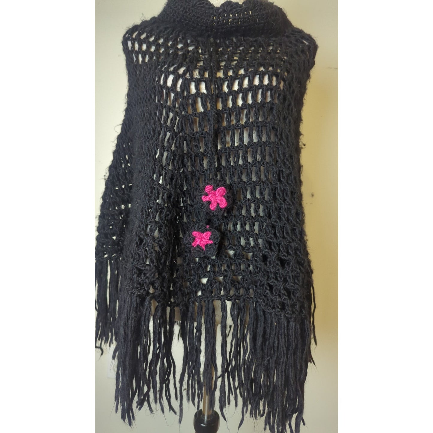 Fairy Grunge Black Open Knit Fringe Poncho Women's Medium