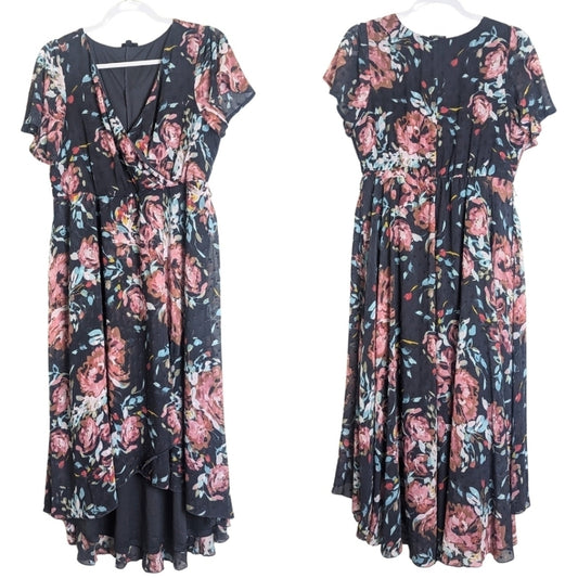 Dark Romantic Faux Wrap Dress High-Low Swiss Dot Floral Dark Grey Size M/L