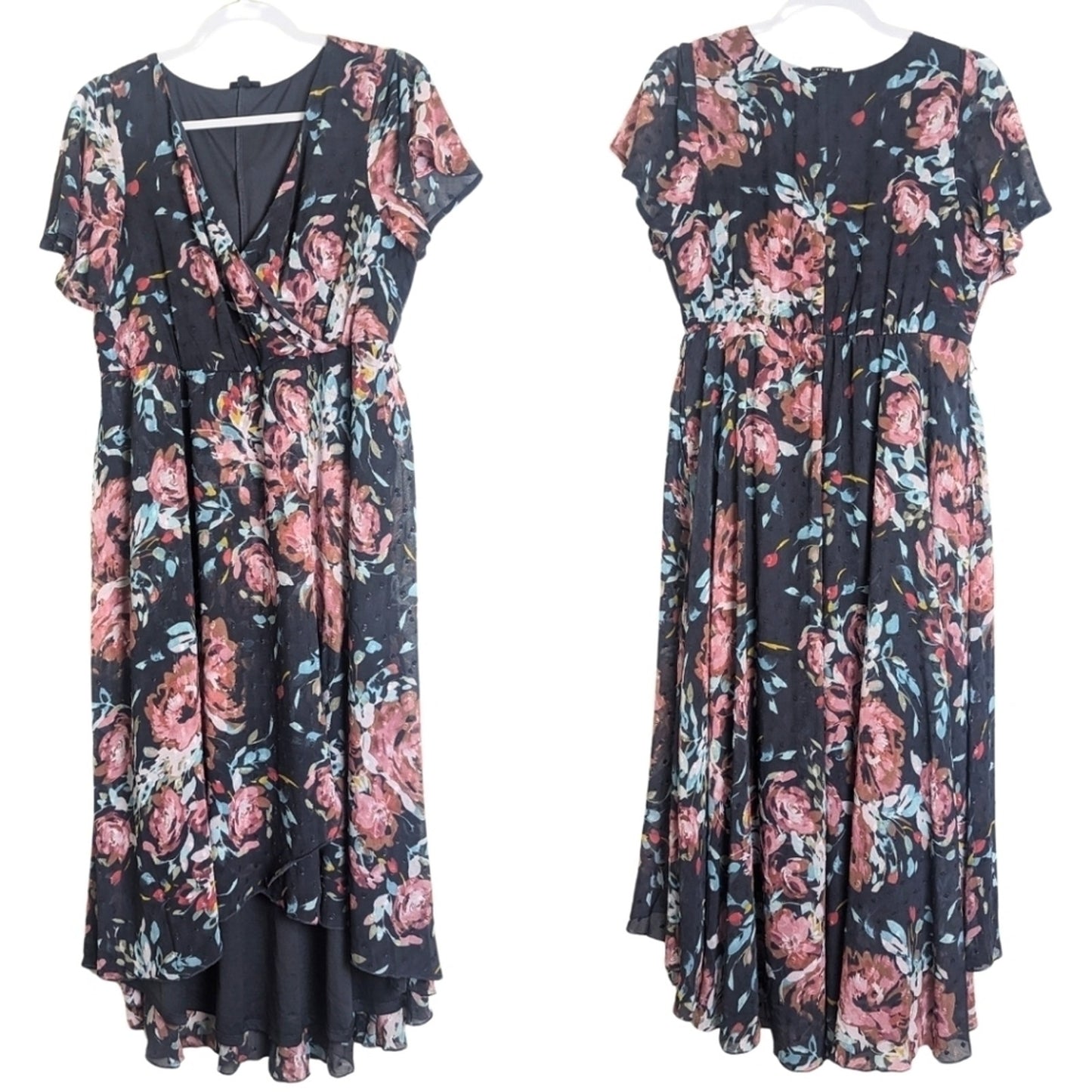 Dark Romantic Faux Wrap Dress High-Low Swiss Dot Floral Dark Grey Size M/L