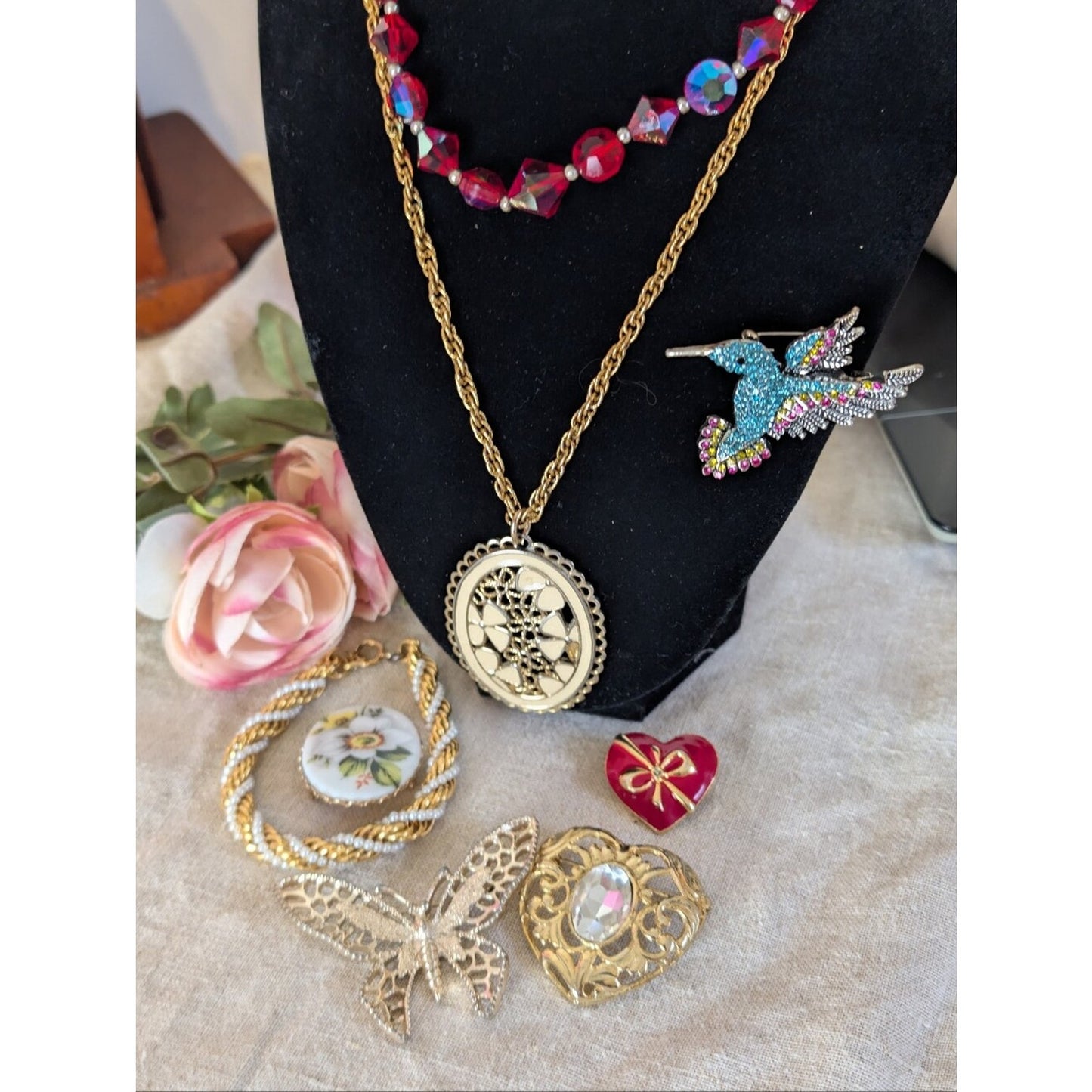 Vintage Coquette Jewelry Lot Ruby Red Hearts Butterfly Brooch Sarah Cov
