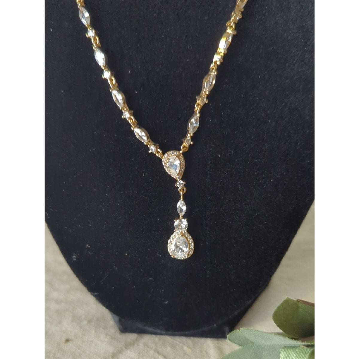 Gold Tone CZ Vine Drop Necklace  Soft Glam Bridal Inspired  Romantic Statement